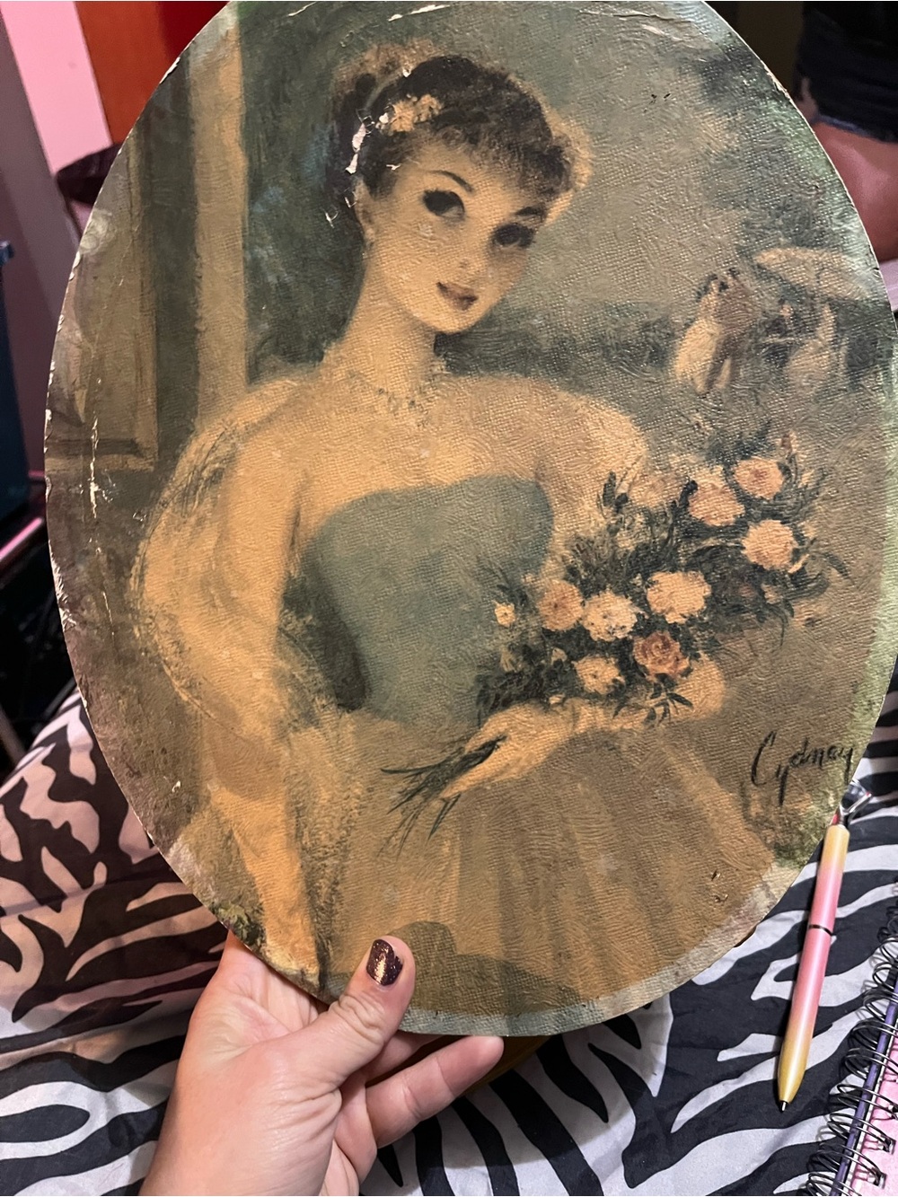 Vintage Portrait Wall Art - Teal and Cream Lady with Bouquet